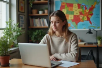 Jeune femme concentrée prenant des notes numériques à son bureau