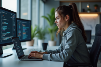 Jeune femme concentrée travaillant sur un ordinateur en sécurité