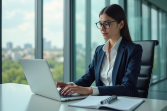 Jeune femme professionnelle concentrée au bureau avec ordinateur
