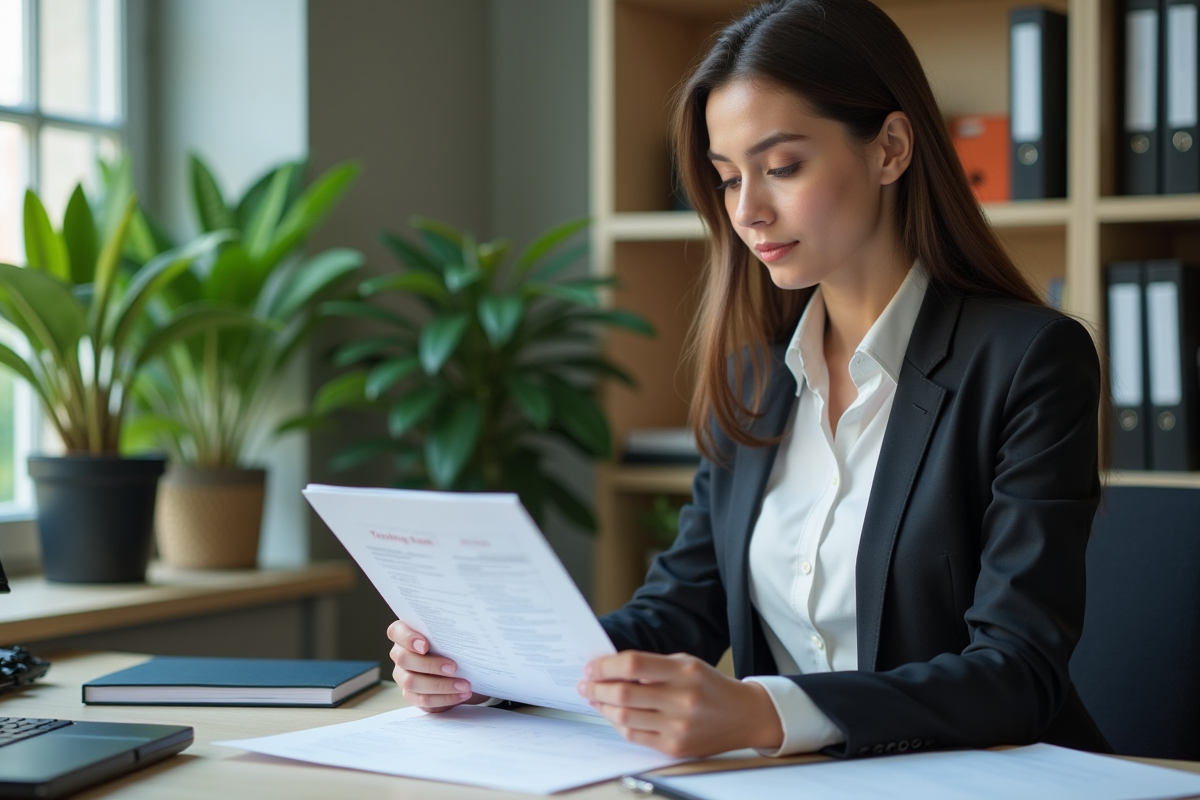Jeune femme RH examine brochure de formation au bureau