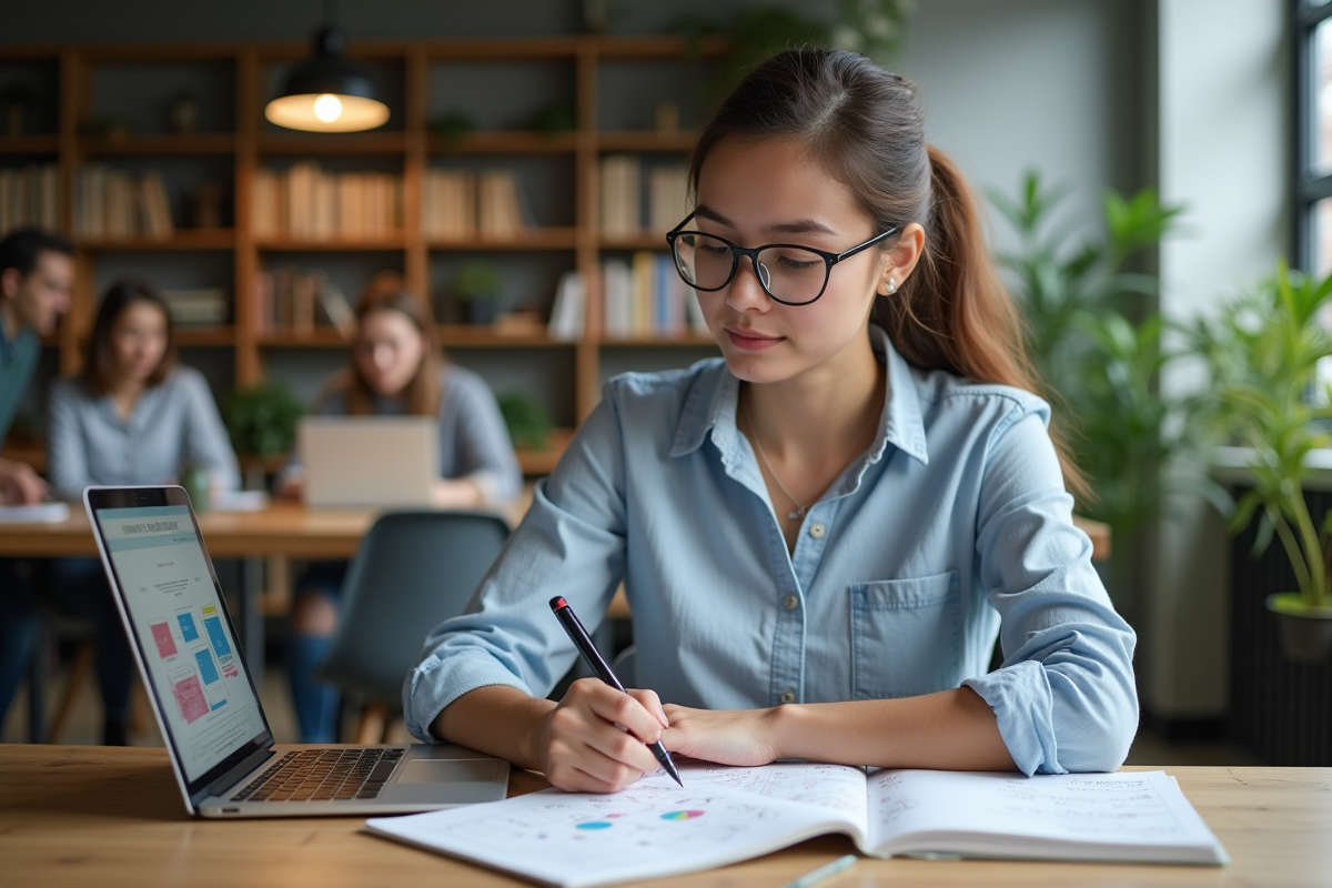Jeune femme en bureau moderne esquissant des wireframes
