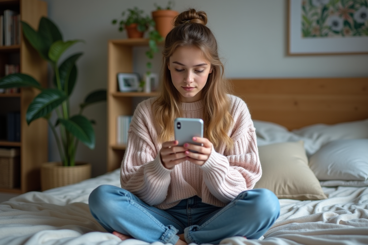 Jeune femme concentrée sur son smartphone dans sa chambre moderne