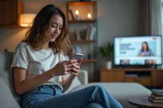 Jeune femme assise sur un canapé regardant son smartphone