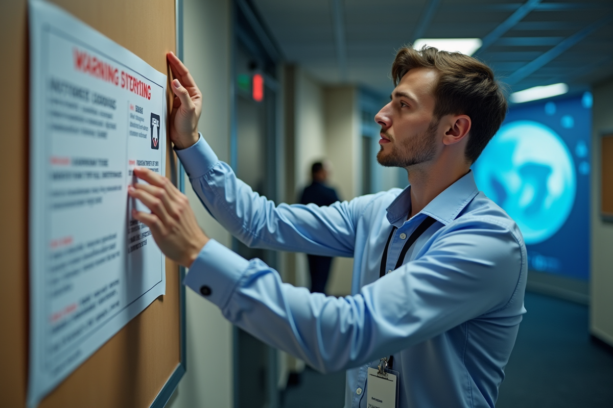 Jeune homme installant une affiche de securite informatique dans un espace commun