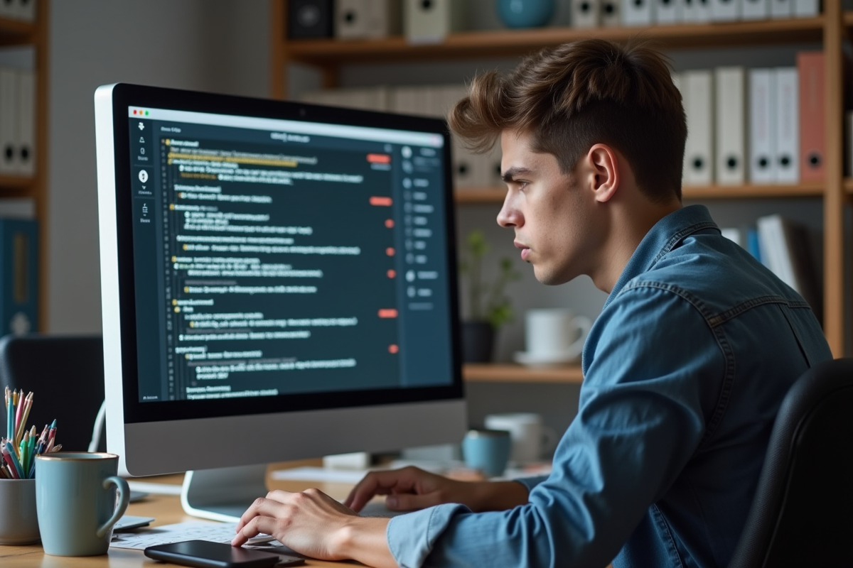 Jeune homme regardant sa messagerie email au bureau