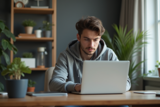 Jeune homme concentré sur son ordinateur dans un bureau moderne