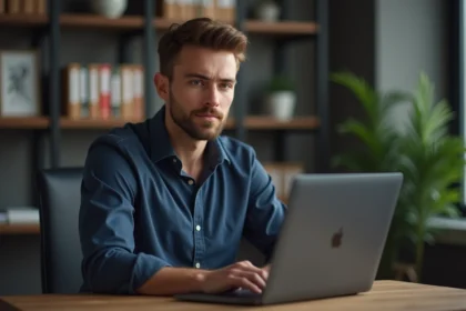 Jeune homme en bureau moderne travaillant sur son ordinateur