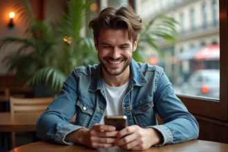 Jeune homme souriant avec mobile vintage au café