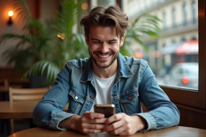 Jeune homme souriant avec mobile vintage au café