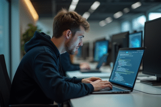 Jeune homme en hoodie analysant du code sur un laptop dans un bureau moderne