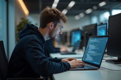 Jeune homme en hoodie analysant du code sur un laptop dans un bureau moderne