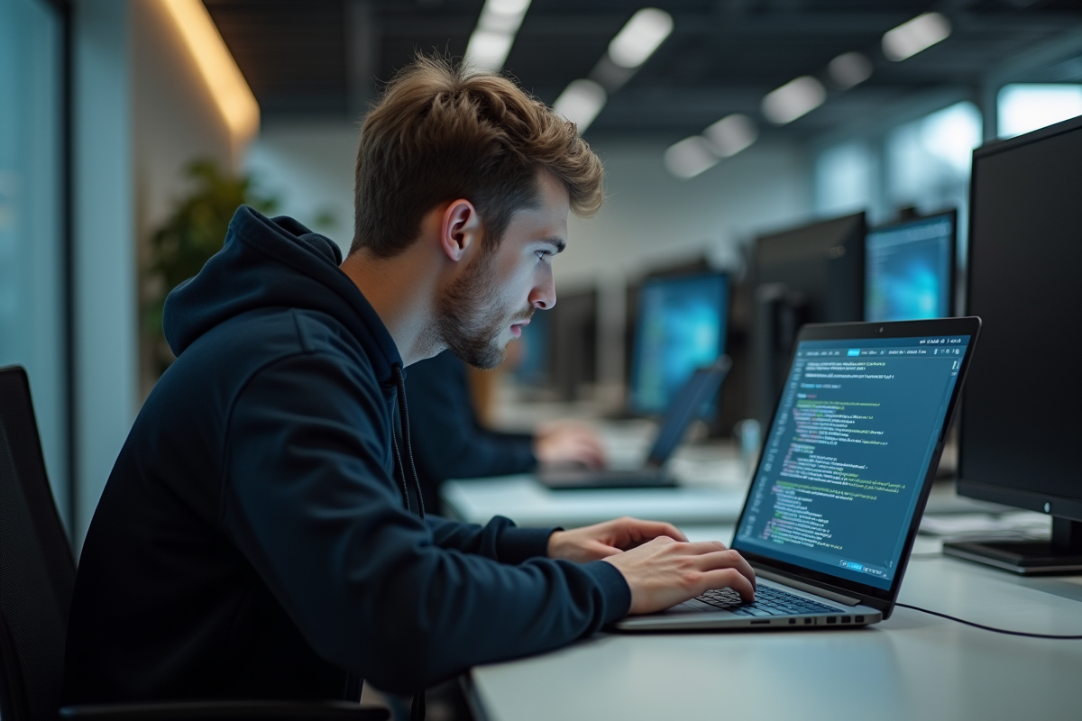 Jeune homme en hoodie analysant du code sur un laptop dans un bureau moderne