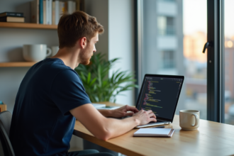 Jeune homme en coding dans un bureau lumineux