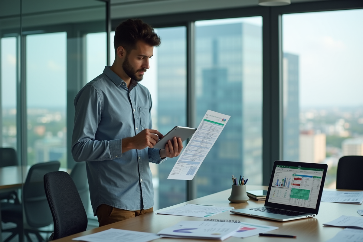 Jeune homme avec graphique Excel dans un bureau professionnel