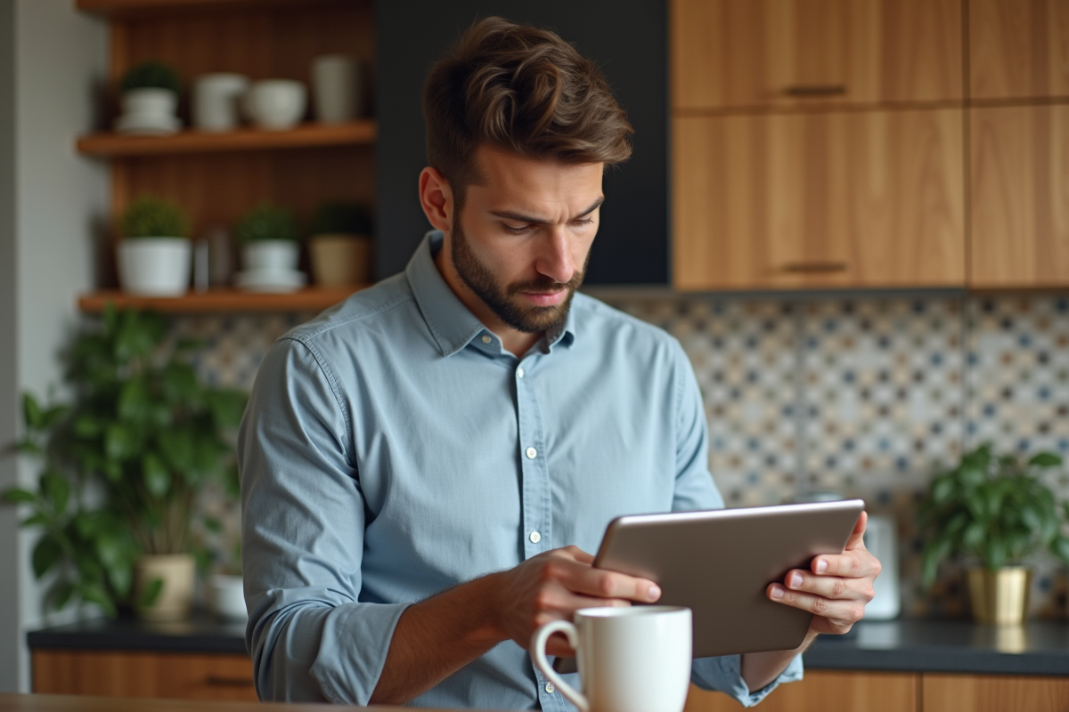 Jeune homme curieux dans sa cuisine avec tablette