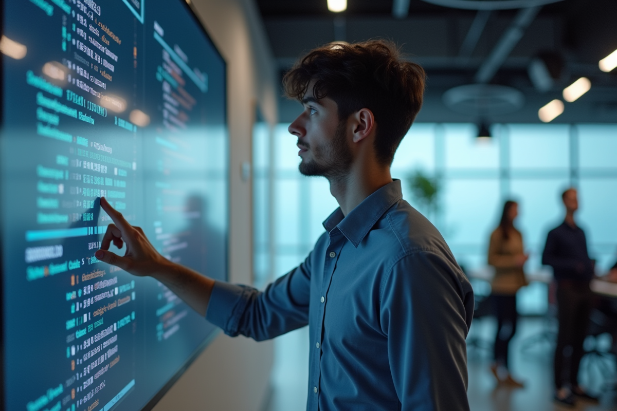 Jeune homme examinant un écran digital dans un espace de travail moderne