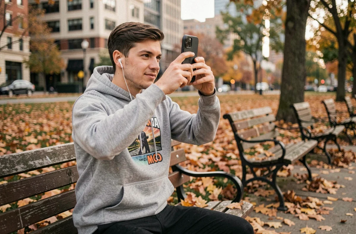 Jeune homme photographiant avec son iPhone dans un parc urbain en automne