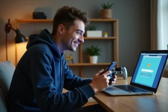 Jeune homme en hoodie regardant son ordinateur portable