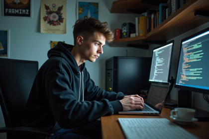Jeune homme concentré sur son ordinateur dans sa chambre