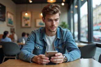 Jeune homme en café regardant trois smartphones