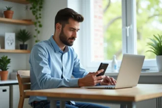 Jeune homme utilisant son ordinateur et smartphone pour synchroniser ses emails