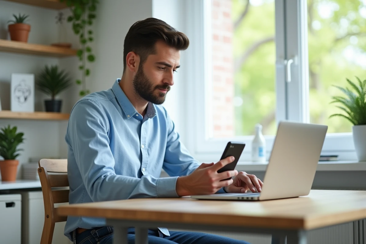 Jeune homme utilisant son ordinateur et smartphone pour synchroniser ses emails