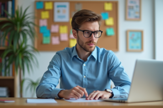 Jeune homme en concentration sur son ordinateur au bureau