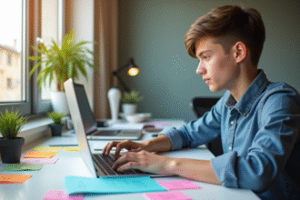 Jeune professionnel tapant sur un ordinateur portable dans un bureau lumineux