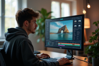 Jeune vidéaste éditant une vidéo sur un ordinateur dans un studio lumineux
