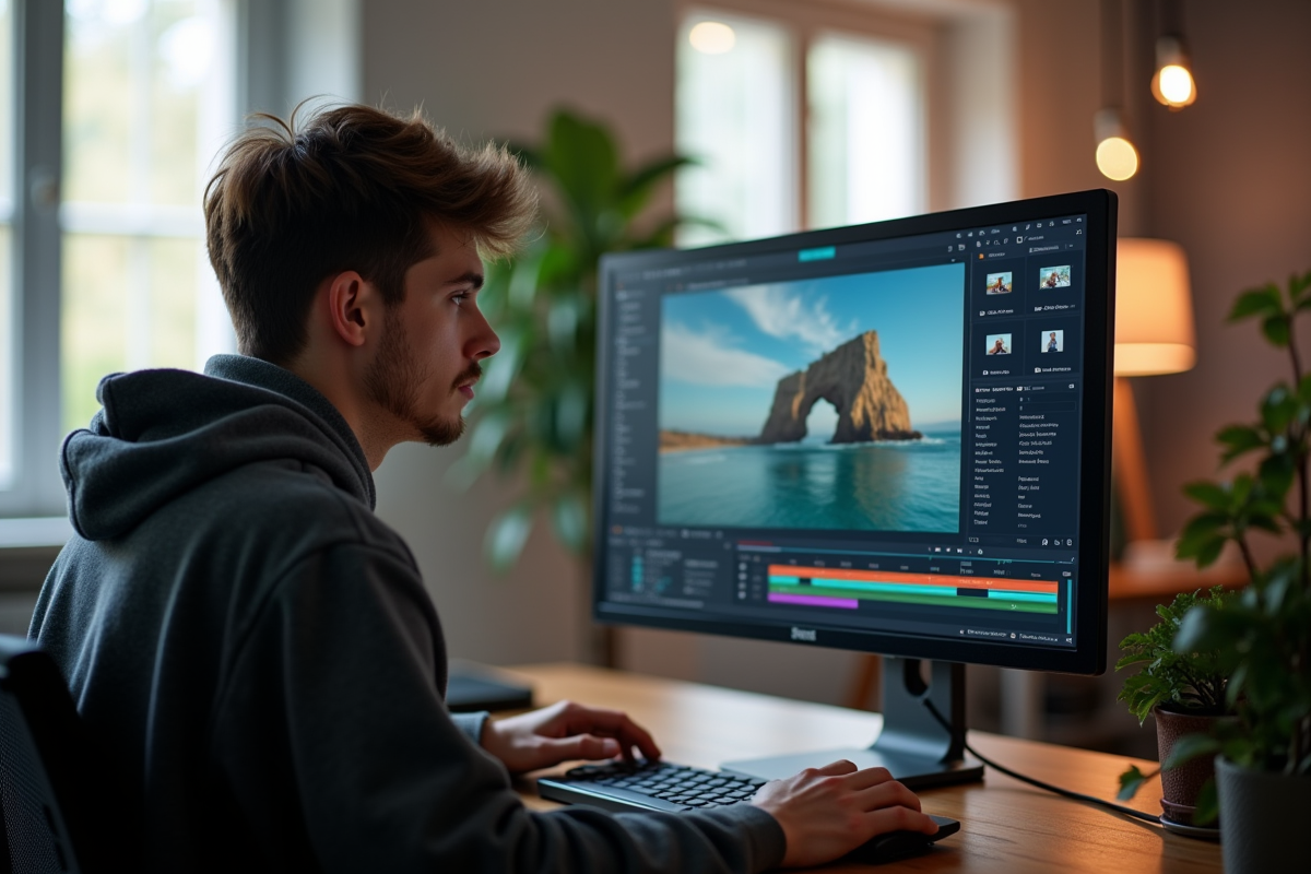 Jeune vidéaste éditant une vidéo sur un ordinateur dans un studio lumineux