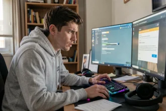 Joueur PC concentré remplissant un formulaire d'appel de bannissement Activision sur ses écrans de bureau