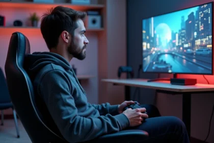 Joueur en train de jouer à un jeu vidéo 4K via un transmetteur HDMI sans fil dans un setup gaming moderne