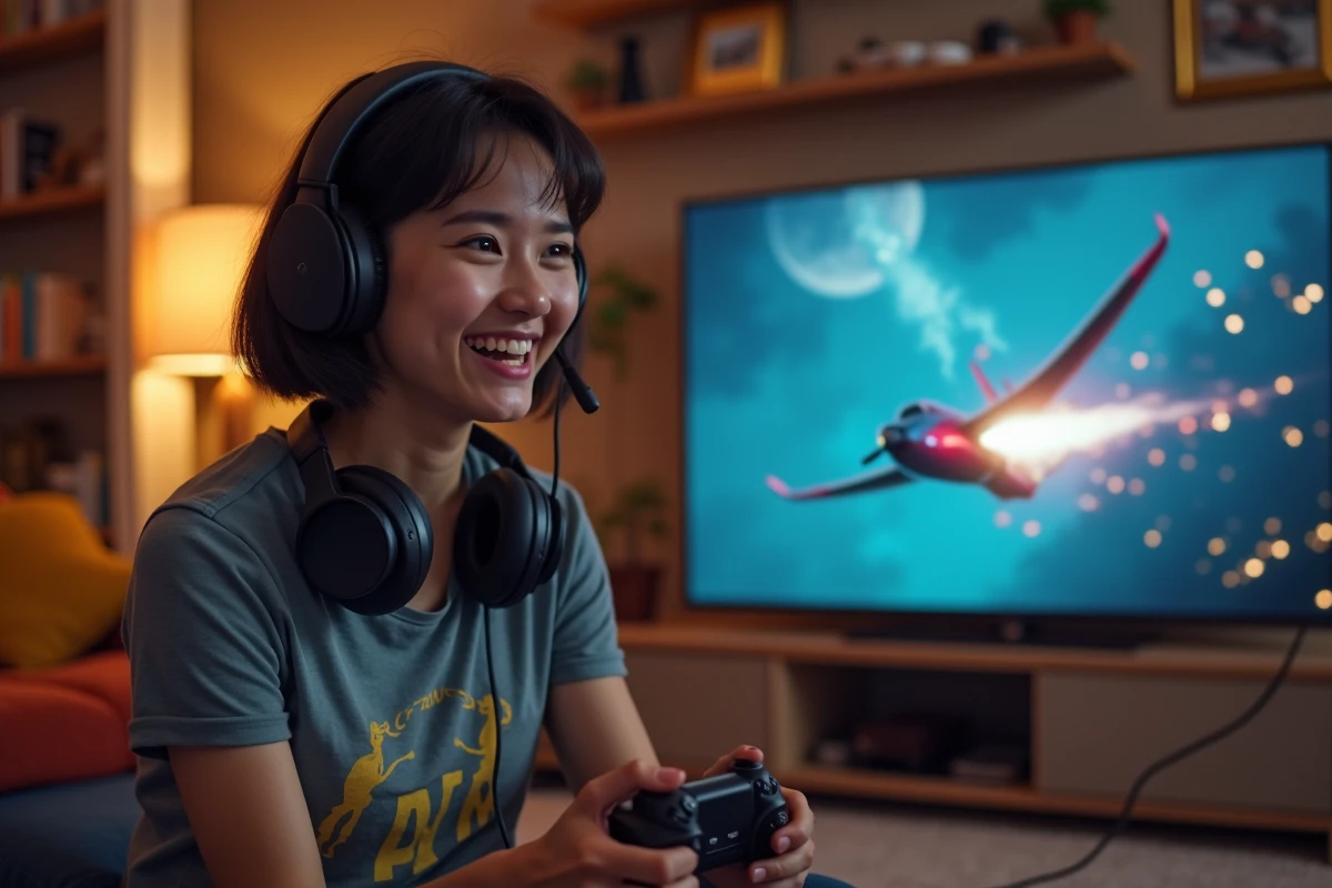 Joueuse exécutant un barrel roll dans un jeu vidéo d'aviation sur console depuis son salon