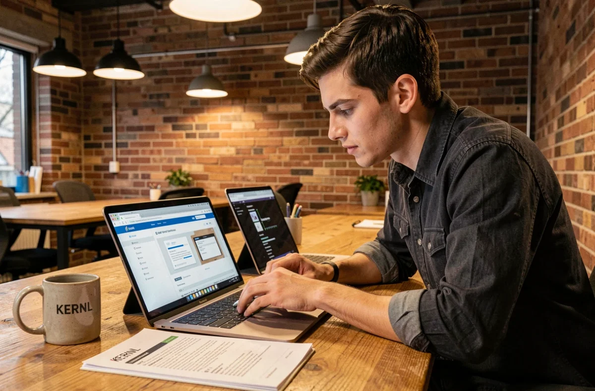 Développeur de KERNL analysant des prototypes web responsive dans un espace de coworking au style industriel