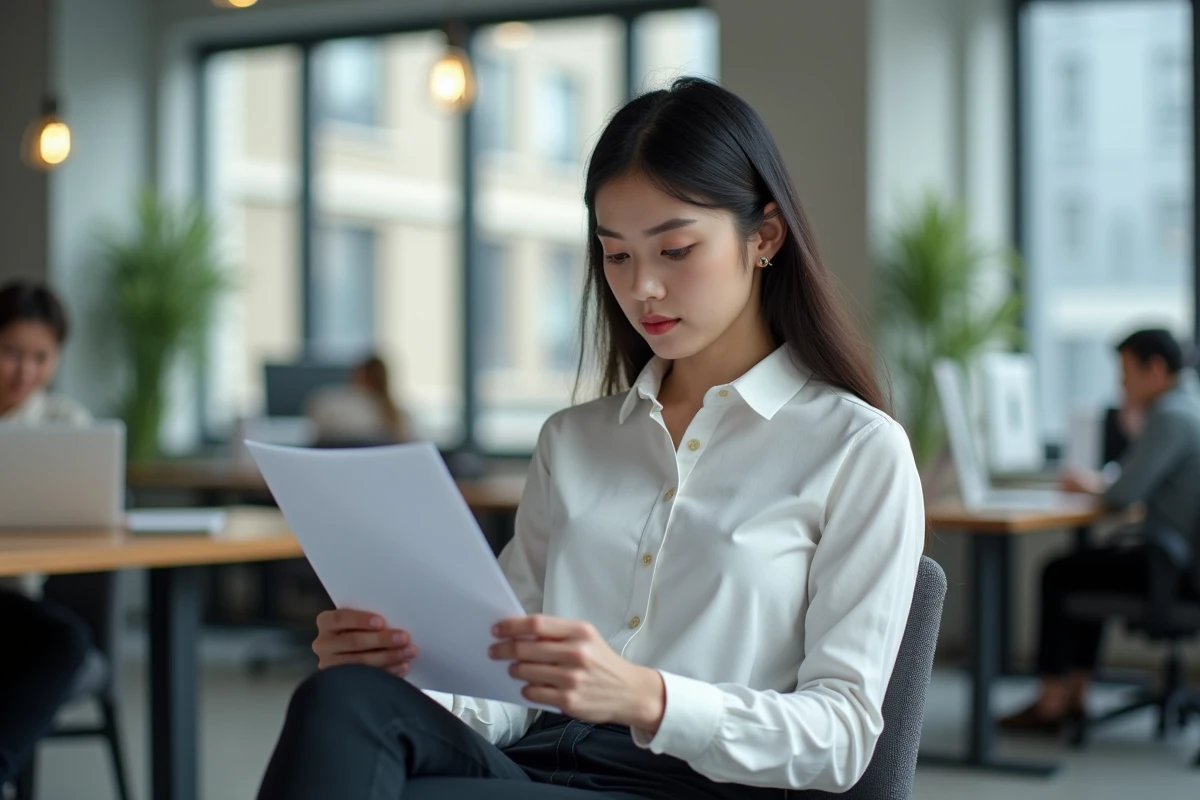 Femme lisant un document juridique sur la légalité des téléchargements en France dans un espace de coworking