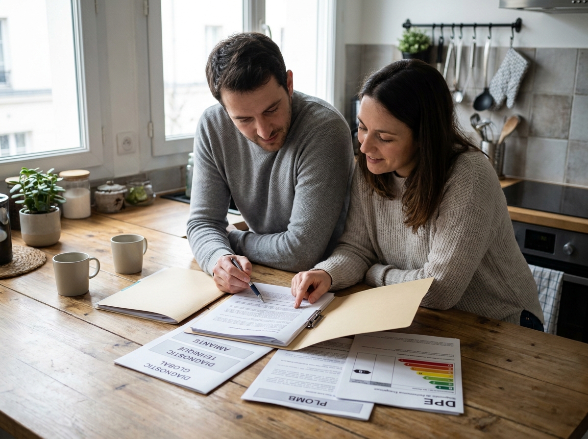 Couple de futurs locataires consultant un dossier complet de diagnostics immobiliers sur une table de cuisine