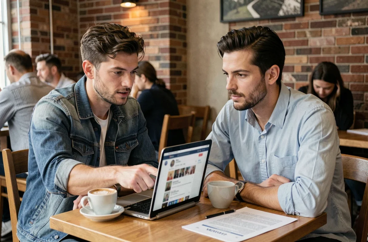 Deux hommes discutant d'aspects légaux liés aux réseaux sociaux autour d'un ordinateur portable dans un café, symbolisant le débat sur la vie privée et le téléchargement de stories Snapchat