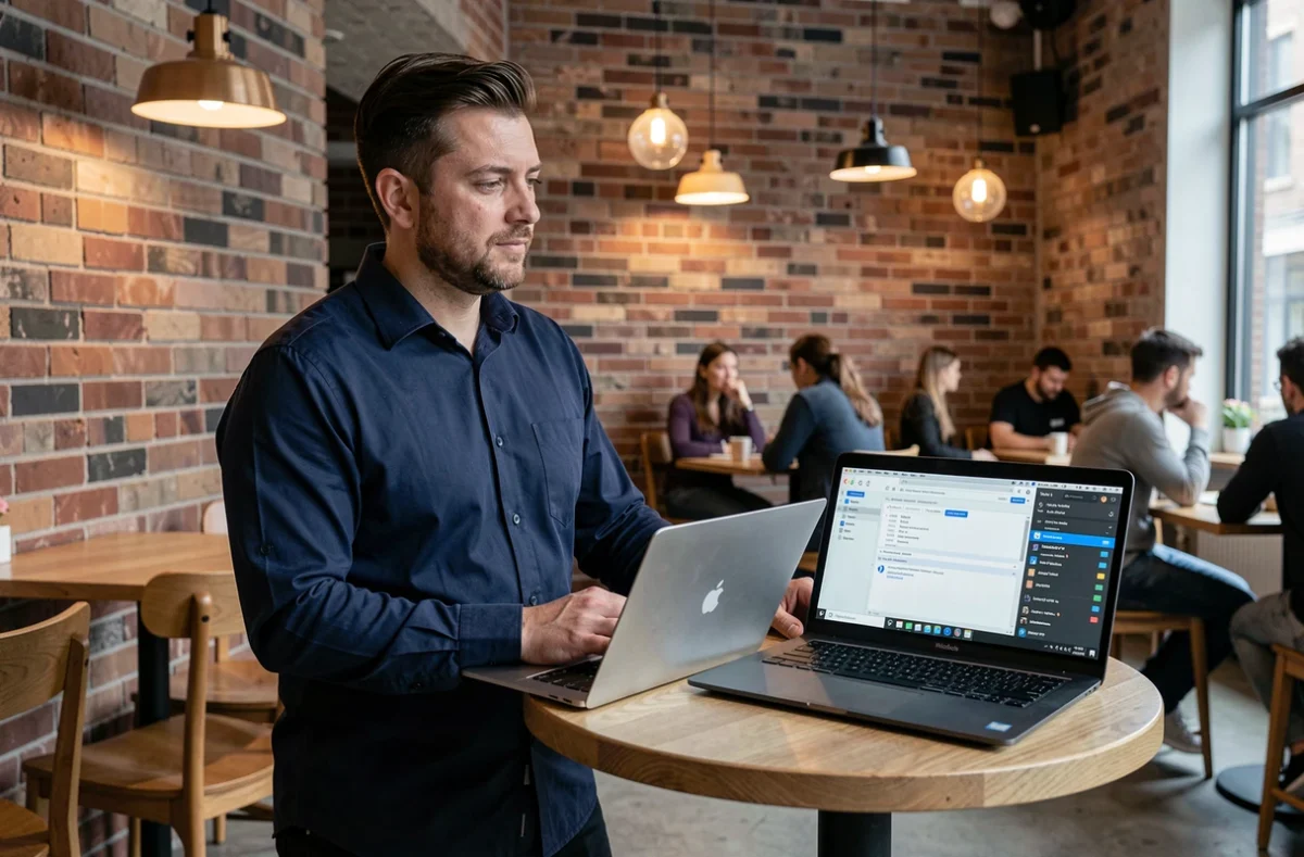 Homme évaluant un MacBook Air face à un PC Windows ultrabook dans un café urbain tendance