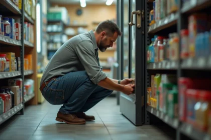 Homme commerçant posant une serrure à la porte du magasin