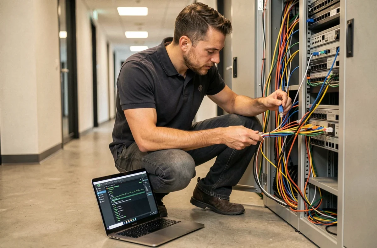 Technicien réseau de MGC Network installant des câbles ethernet dans un local réseau d'une entreprise à Nanterre