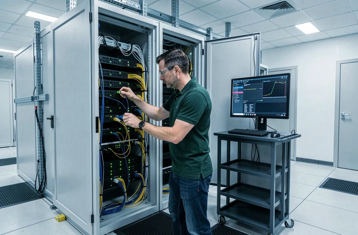 Technicien de Microcom installant des câbles fibre optique dans une baie réseau en salle serveur