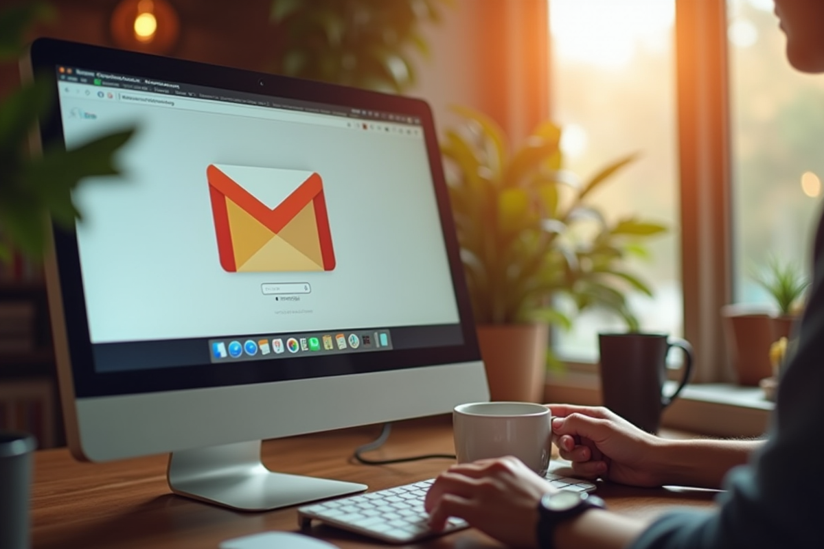Ecran affichant la boîte mail Orange avec tasse de café le matin