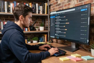 Jeune homme naviguant sur un site d'archivage de contenu en ligne depuis son bureau à domicile en 2026