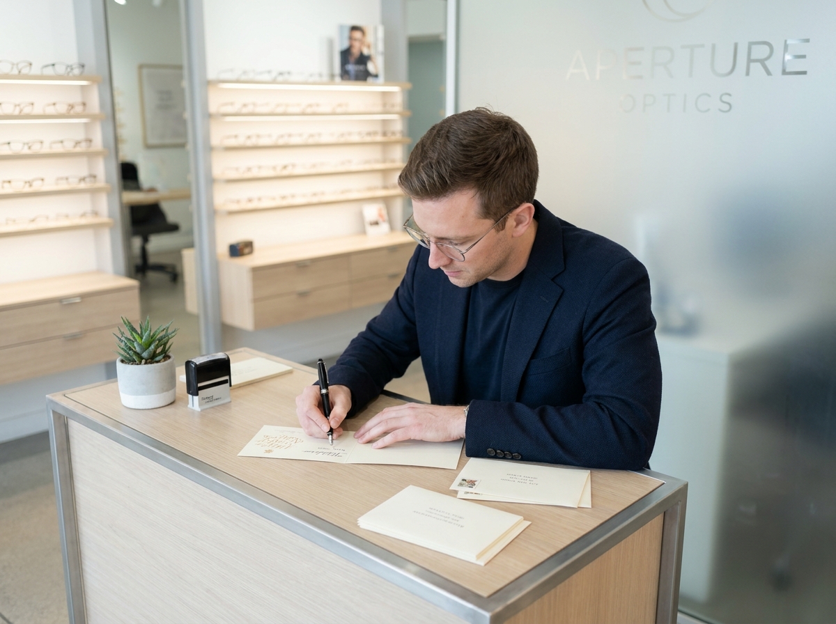 Opticien rédigeant des cartes de vœux personnalisées pour ses clients dans une boutique d'optique moderne