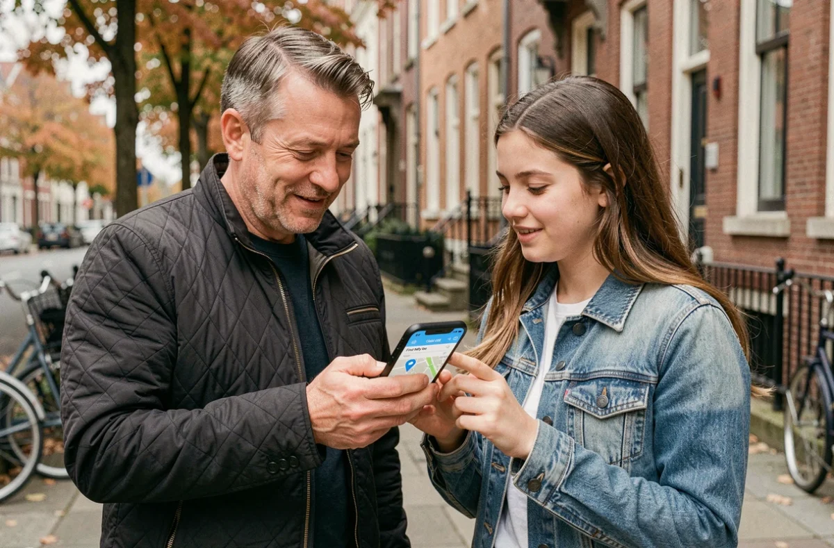 Père et adolescente consultant ensemble l'application Find My d'iCloud dans une rue de ville pour partager leur localisation