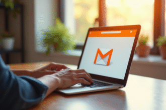 Personne travaillant sur un ordinateur portable dans un bureau lumineux