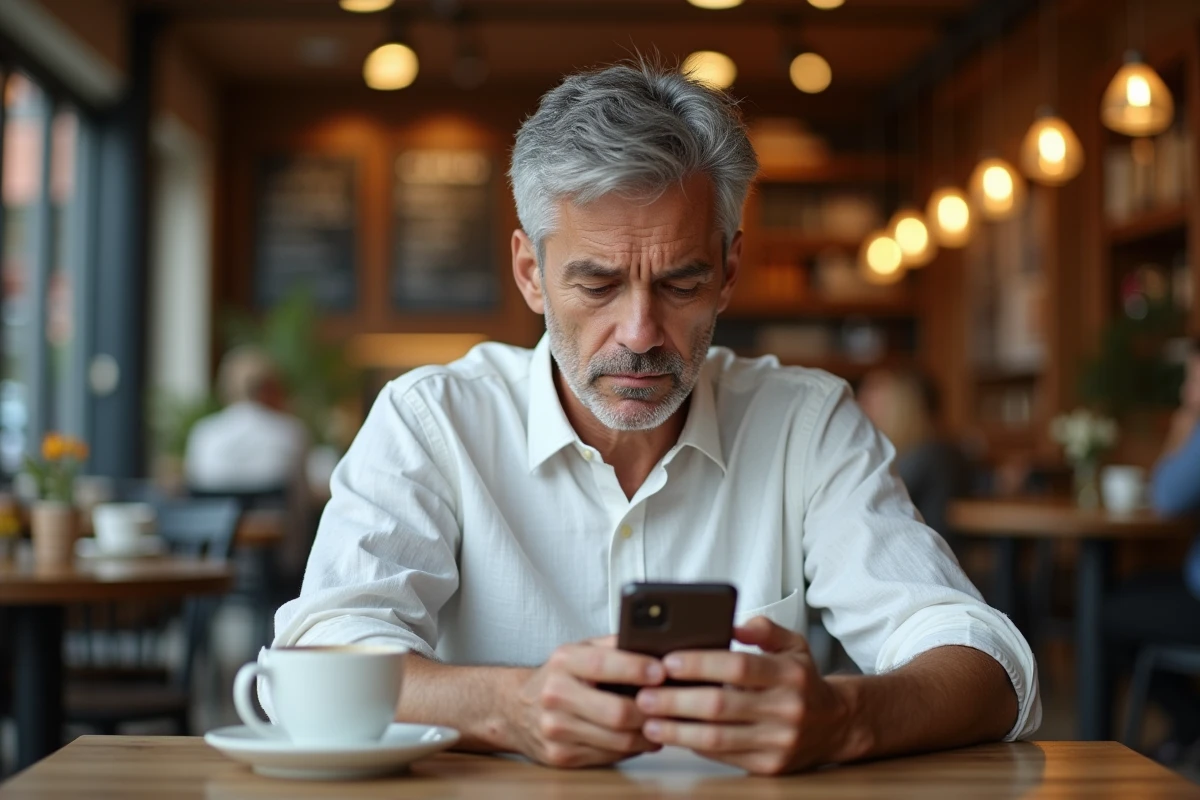 Personne consultant son smartphone dans un café avec une expression perplexe face à un profil utilisateur introuvable