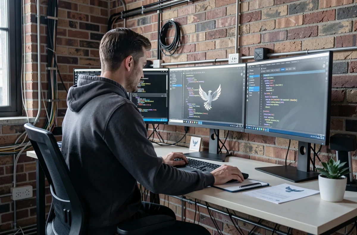 Développeur de Phenix-software travaillant sur plusieurs écrans avec des interfaces de code et de logiciels