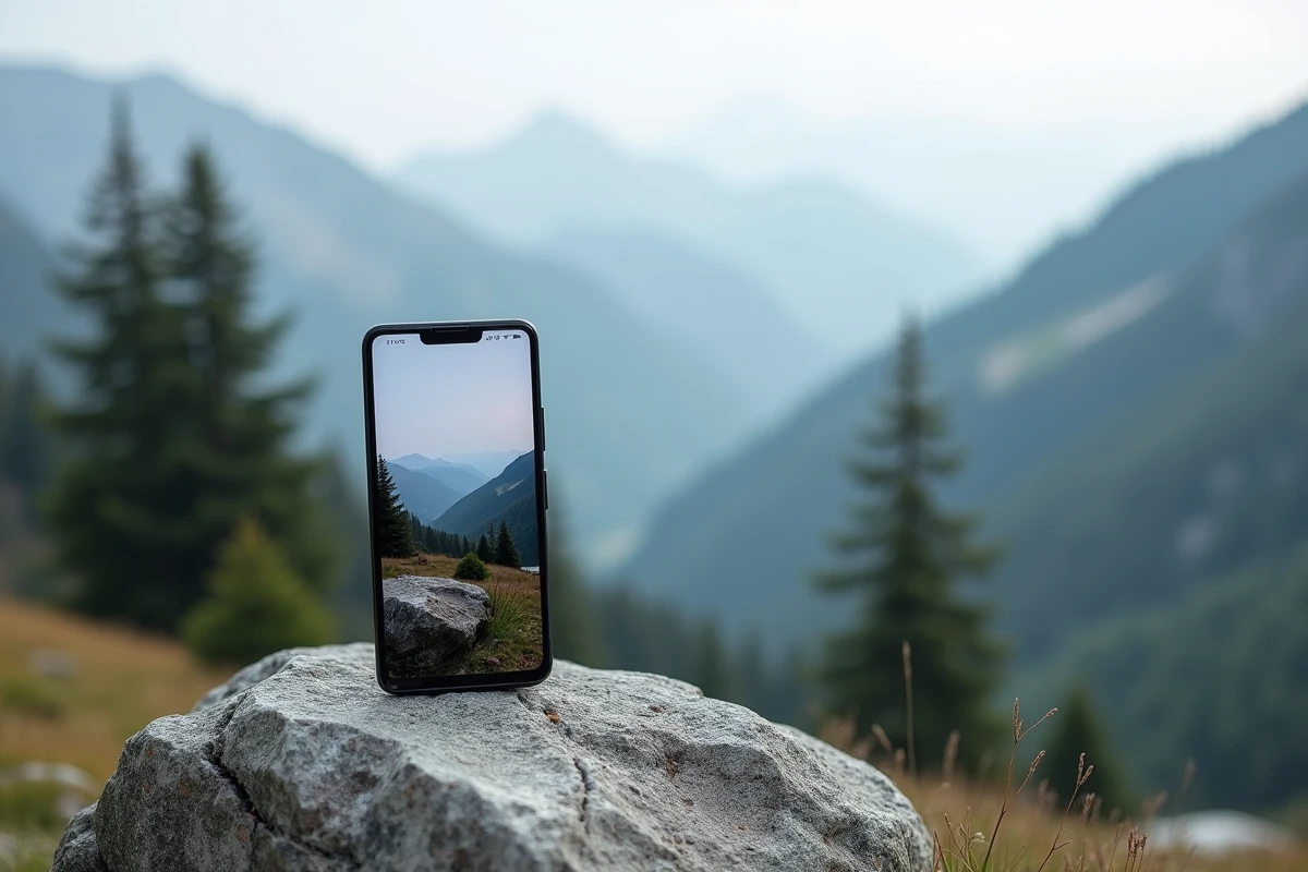 Google Pixel 8a posé sur un rocher en montagne avec un paysage alpin brumeux en arrière-plan, testant la polyvalence photo du smartphone en plein air