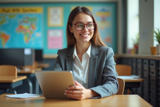 Enseignante moderne utilisant une tablette dans une classe lumineuse